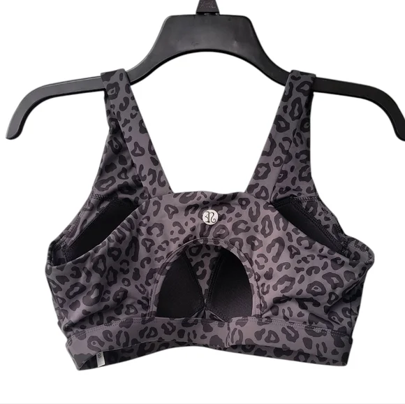 Running Girl Charcoal Leopard Print Cutout Back Athletic Sports Bra L - Picture 4 of 9